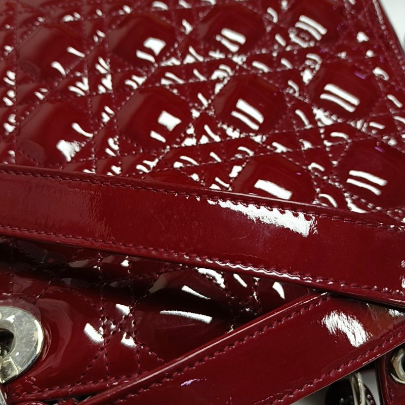 DIOR Lady Dior 中號紅色漆皮藤格紋絎縫戴妃五格單肩包手提包斜挎包銀色五金可拆卸肩帶-20