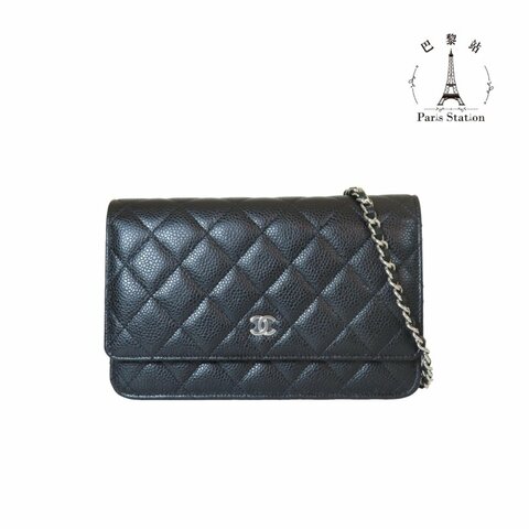 【巴黎站二手名牌專賣店】＊現貨＊CHANEL 香奈兒 真品＊AP0250黑荔枝皮革銀雙C WOC鏈帶包 肩背包