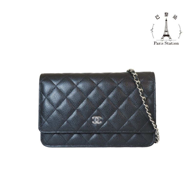 【巴黎站二手名牌專賣店】＊現貨＊CHANEL 香奈兒 真品＊AP0250黑荔枝皮革銀雙C WOC鏈帶包 肩背包-0