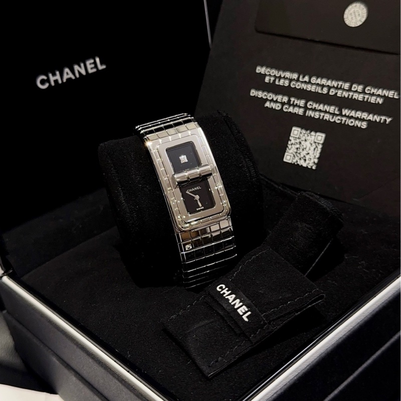 【98新大全套🆕】Chanel Code CoCo腕表/手鐲表⌚️銀色精鋼 石英機芯 黑漆面錶盤帶鑽-3
