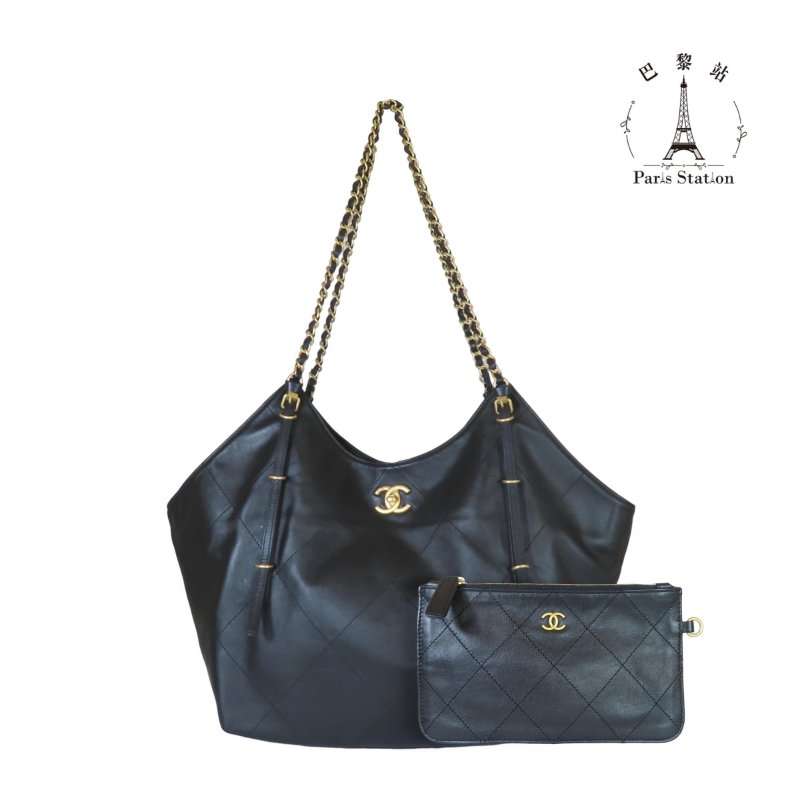 【巴黎站二手名牌專賣店】＊現貨＊CHANEL 香奈兒 真品＊黑色大菱格紋皮革金雙C肩背包 托特包-0