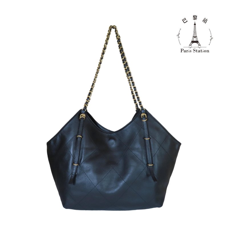 【巴黎站二手名牌專賣店】＊現貨＊CHANEL 香奈兒 真品＊黑色大菱格紋皮革金雙C肩背包 托特包-1