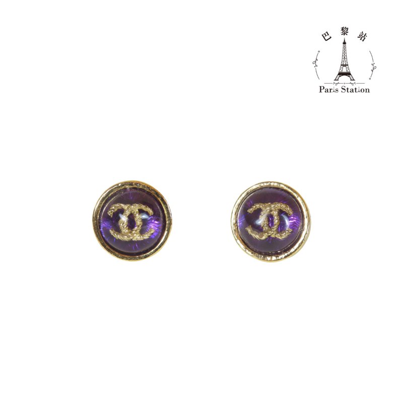 【巴黎站二手名牌專賣店】*現貨*CHANEL 香奈兒 真品*紫色圓形金色邊金雙C耳環-0