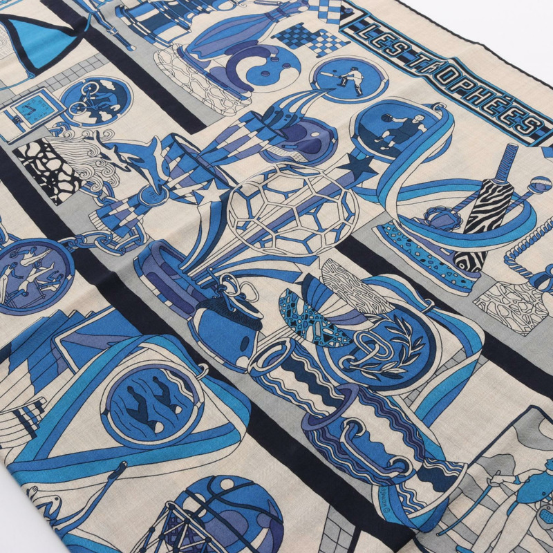 愛馬仕 Carre 140 LES TROPHEES 絲巾，絲質羊絨混紡，米色/藏藍色，二手-1