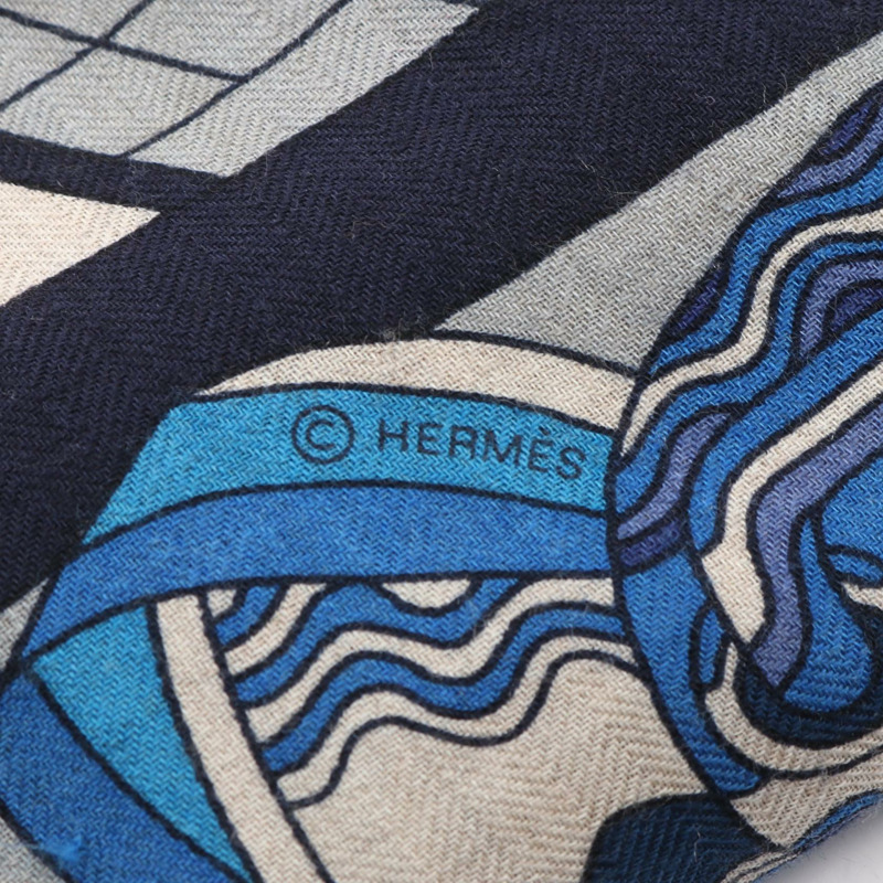 愛馬仕 Carre 140 LES TROPHEES 絲巾，絲質羊絨混紡，米色/藏藍色，二手-2