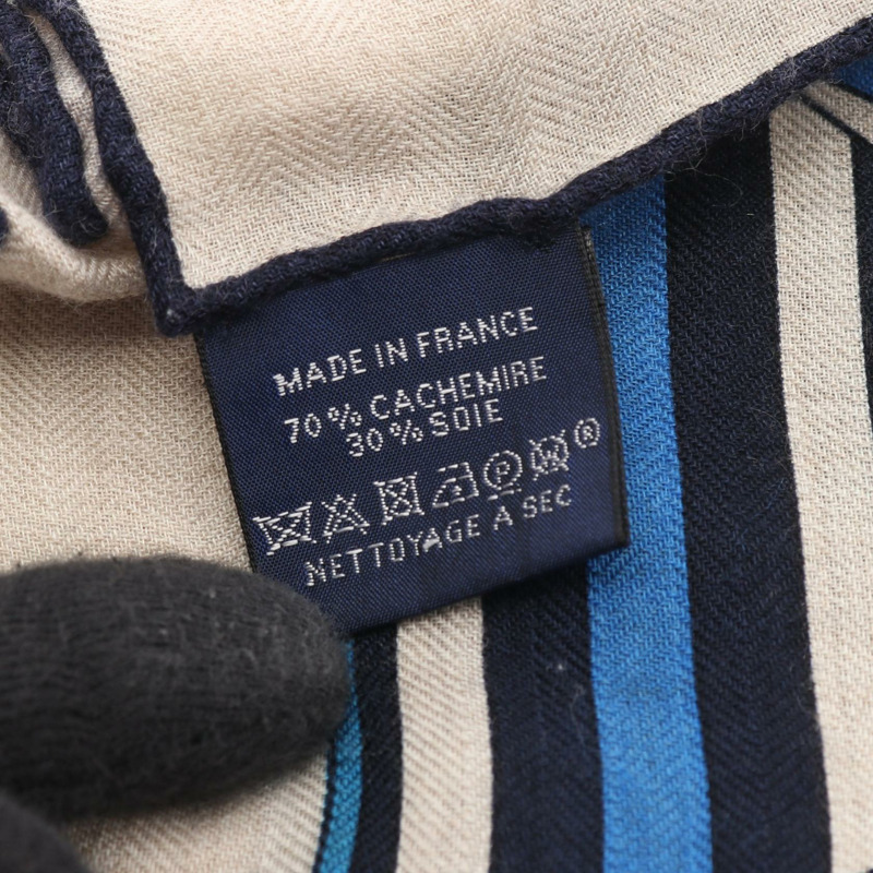 愛馬仕 Carre 140 LES TROPHEES 絲巾，絲質羊絨混紡，米色/藏藍色，二手-3