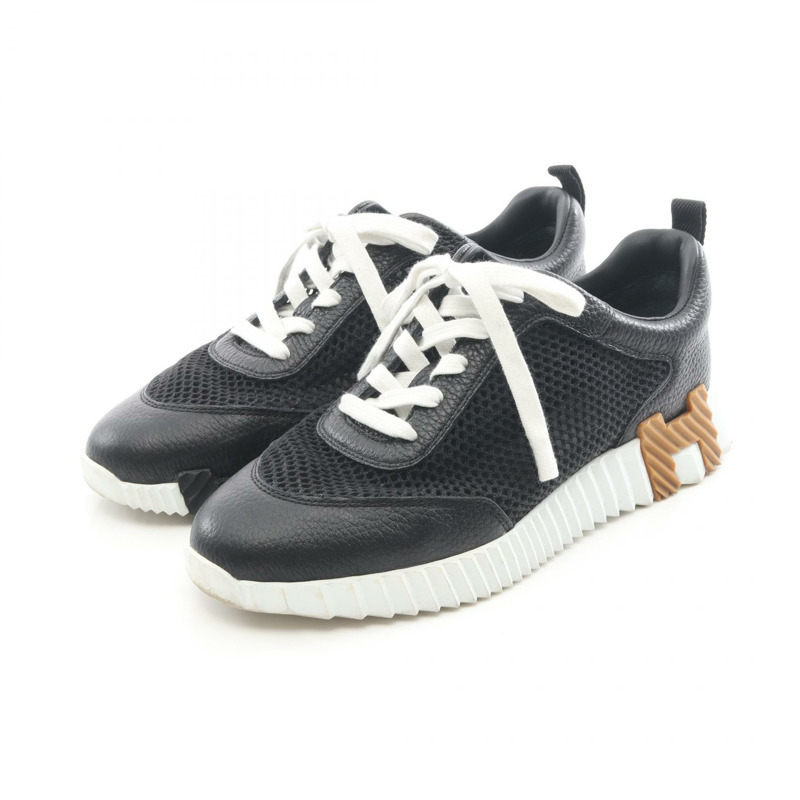 愛馬仕彈性繫帶運動鞋 #38 鞋款 皮革網面 黑色 白色 棕色-0