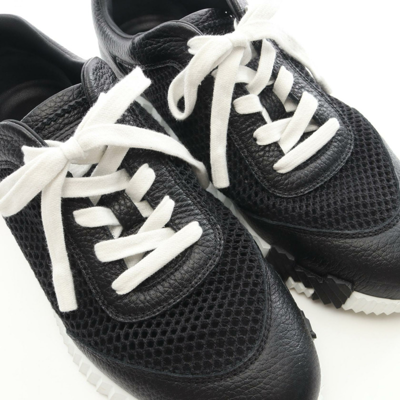 愛馬仕彈性繫帶運動鞋 #38 鞋款 皮革網面 黑色 白色 棕色-8