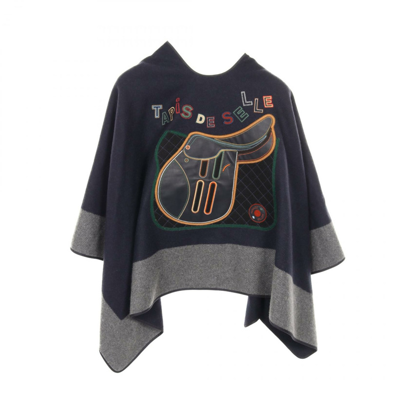 愛馬仕 TAPIS DE SELLE 羊絨披肩大衣,海軍藍/灰色,二手女款-1