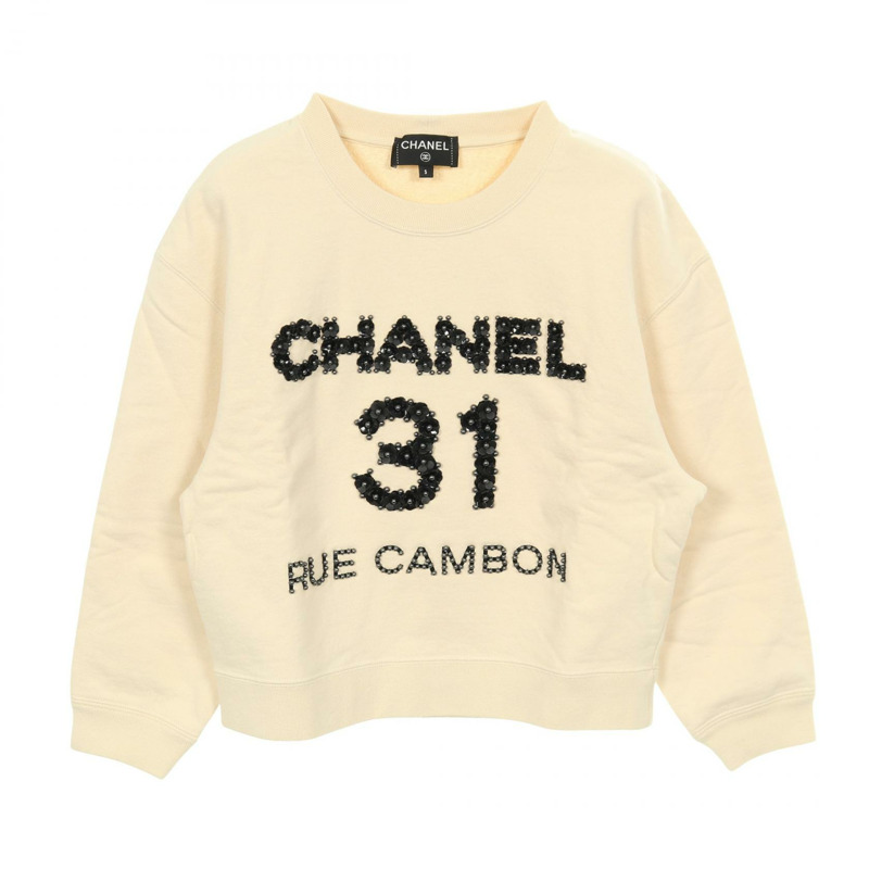 香奈兒 (CHANEL) 花朵標誌連帽衛衣,純棉,米色,二手,女款 S 碼-0