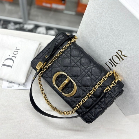 【近新閒置品】迪奧Dior 黑金粒面牛皮 中號Caro 23編碼 鏈條包 logo五金很新