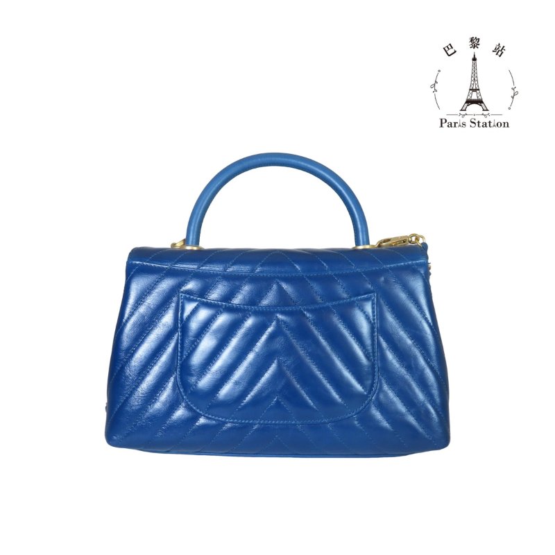 【巴黎站二手名牌專賣店】*現貨*CHANEL香奈兒真品*藍色山型紋皮革金雙C COCO HANDLE手提斜背包-1