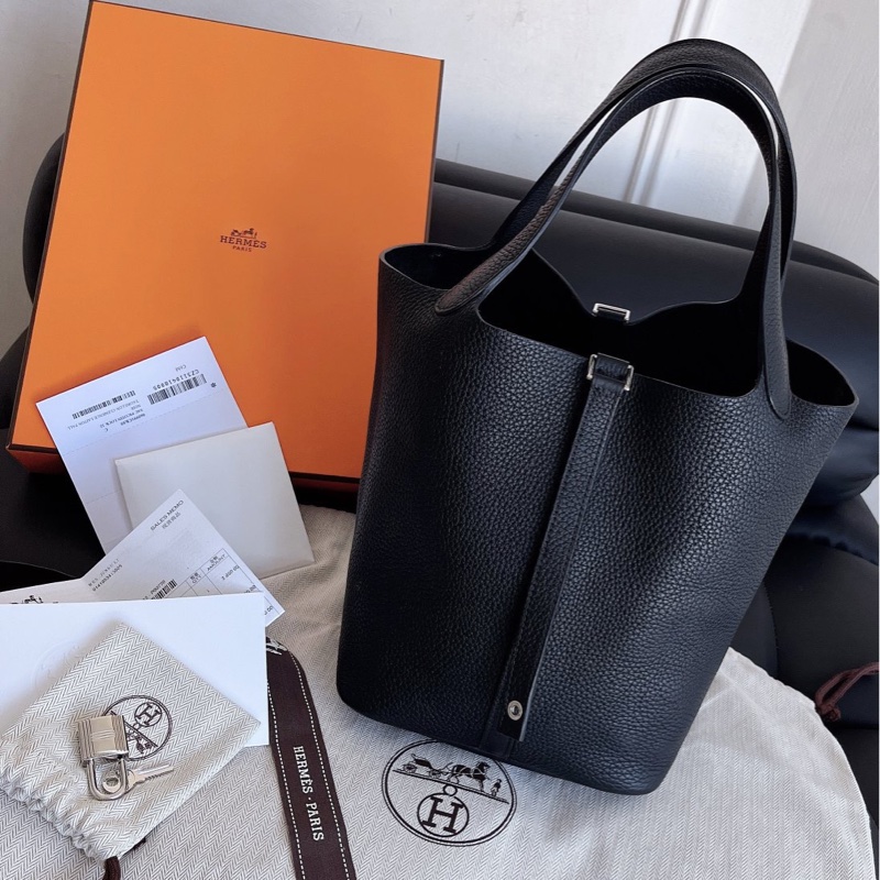 【全新品】Hermes愛馬仕 黑銀手提包水桶包picotin22 Z刻-0