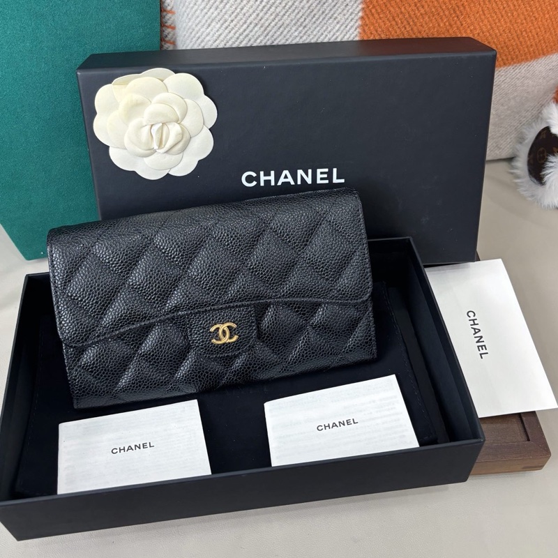【近新閒置品】Chanel 黑金荔枝皮cf長款三折錢包、長夾-0