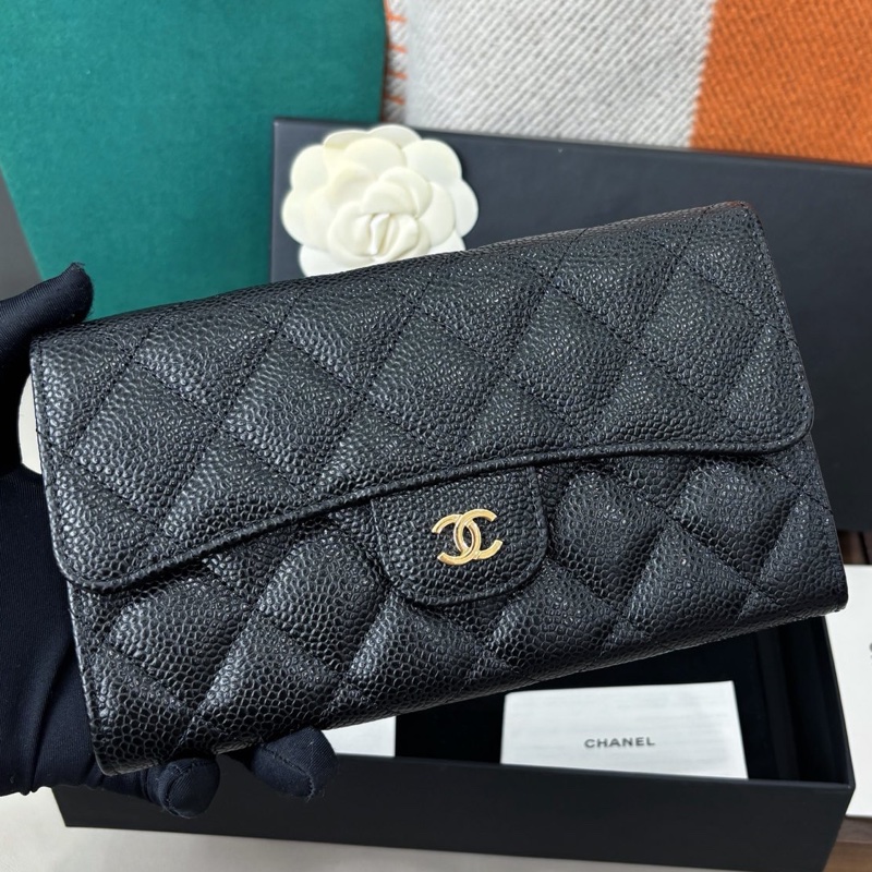 【近新閒置品】Chanel 黑金荔枝皮cf長款三折錢包、長夾-1