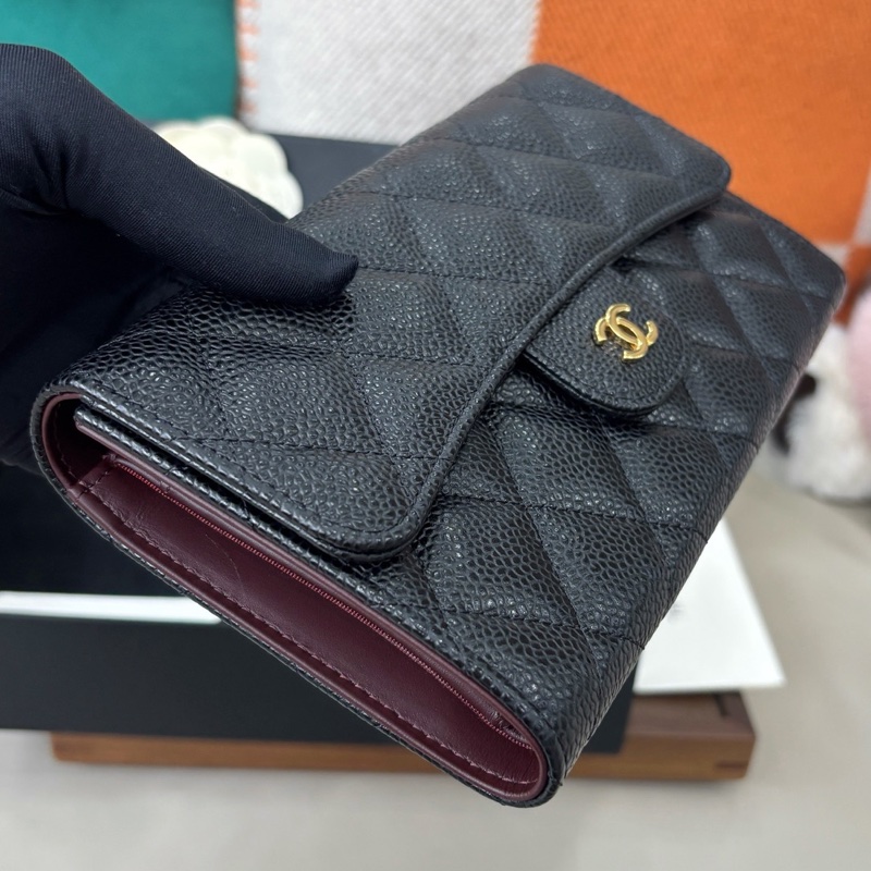 【近新閒置品】Chanel 黑金荔枝皮cf長款三折錢包、長夾-3