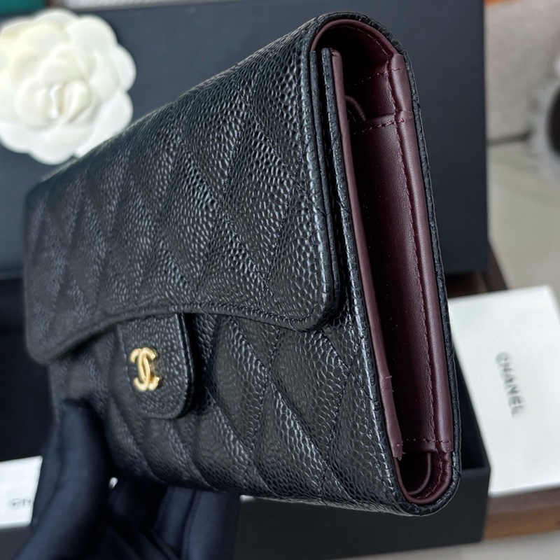【近新閒置品】Chanel 黑金荔枝皮cf長款三折錢包、長夾-4