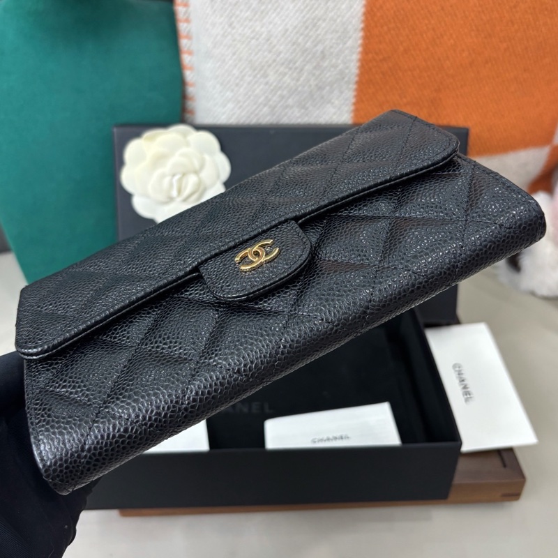 【近新閒置品】Chanel 黑金荔枝皮cf長款三折錢包、長夾-5