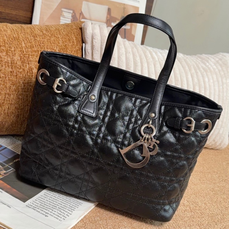 【近新閒置品】Dior迪奧 黑銀五格牛皮小號土著一代托特手提包-0