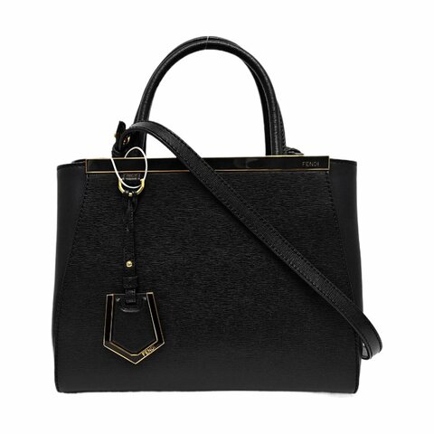 FENDI 2 Jours 小號黑色牛皮壓紋單肩包手提包斜挎包金色五金可拆卸肩帶