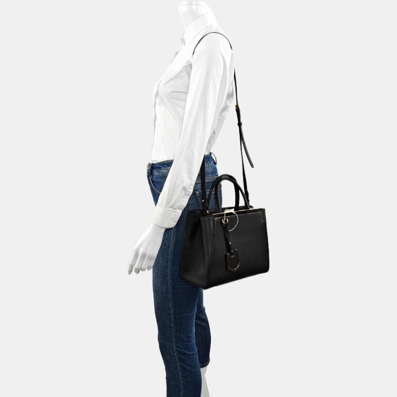 FENDI 2 Jours 小號黑色牛皮壓紋單肩包手提包斜挎包金色五金可拆卸肩帶-1