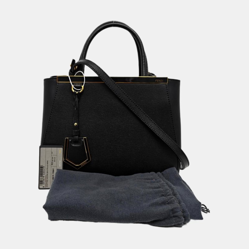 FENDI 2 Jours 小號黑色牛皮壓紋單肩包手提包斜挎包金色五金可拆卸肩帶-7