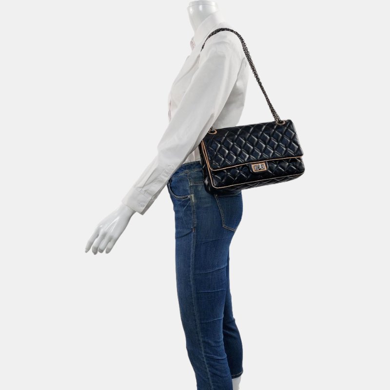 CHANEL 2.55 黑色牛皮菱格紋絎縫單肩包斜挎包釕色五金17開-1