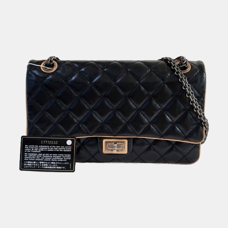 CHANEL 2.55 黑色牛皮菱格紋絎縫單肩包斜挎包釕色五金17開-7