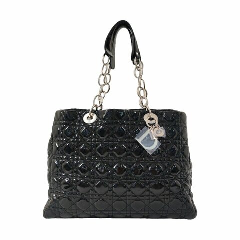 DIOR托特包黑色漆皮藤格紋絎縫單肩包手提包銀色五金