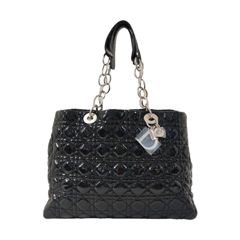 DIOR托特包黑色漆皮藤格紋絎縫單肩包手提包銀色五金-0