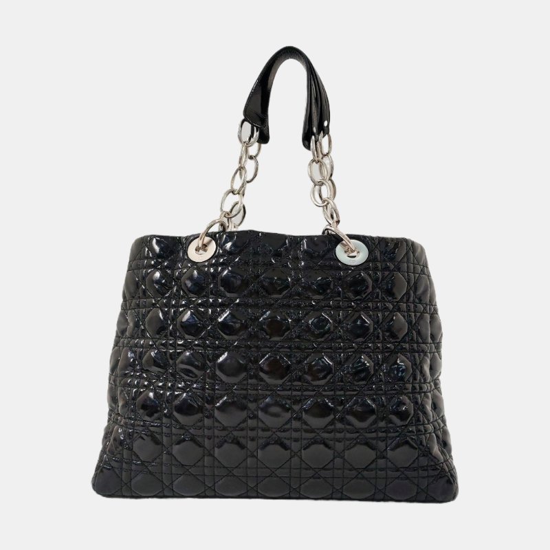 DIOR托特包黑色漆皮藤格紋絎縫單肩包手提包銀色五金-4