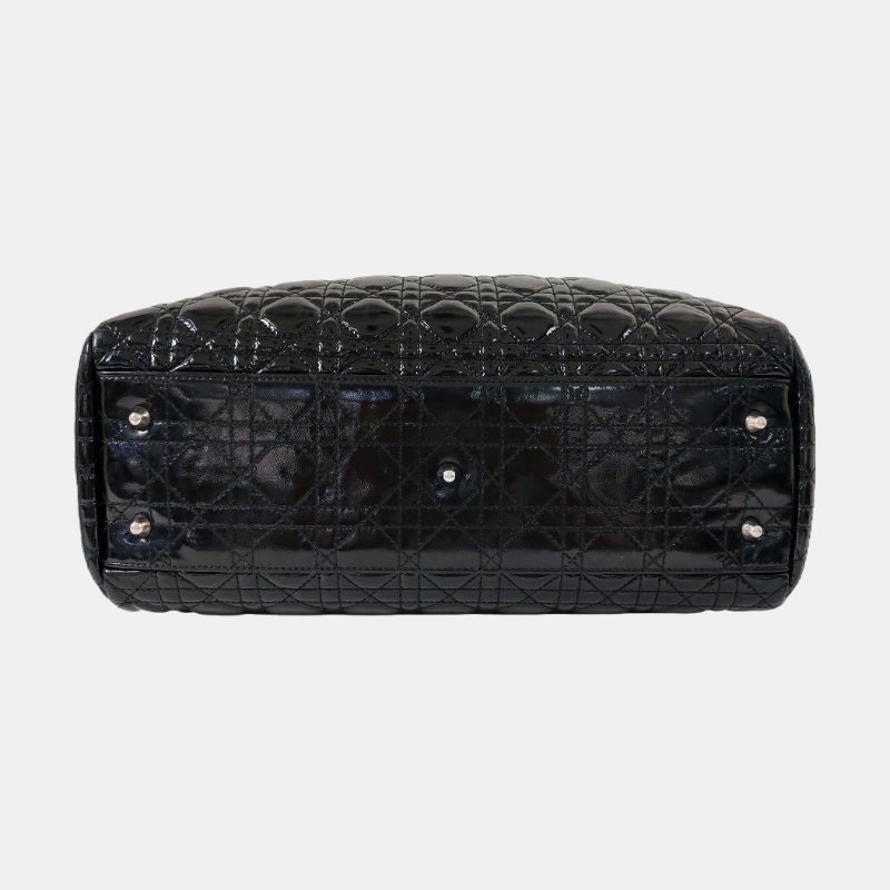 DIOR托特包黑色漆皮藤格紋絎縫單肩包手提包銀色五金-5