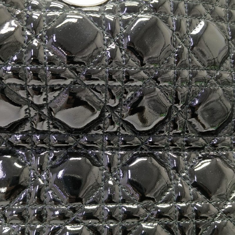 DIOR托特包黑色漆皮藤格紋絎縫單肩包手提包銀色五金-7