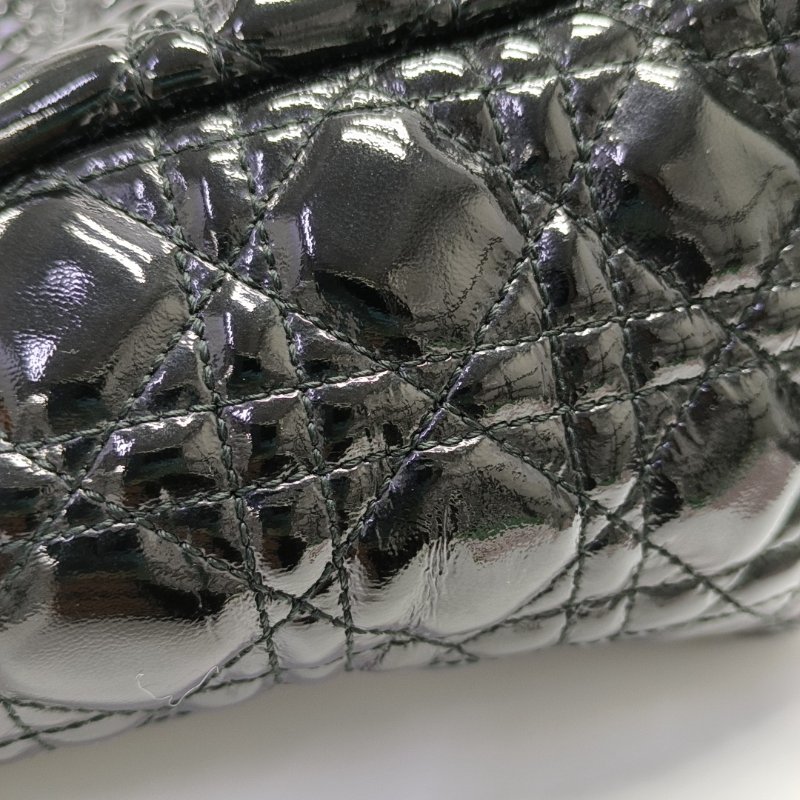 DIOR托特包黑色漆皮藤格紋絎縫單肩包手提包銀色五金-8