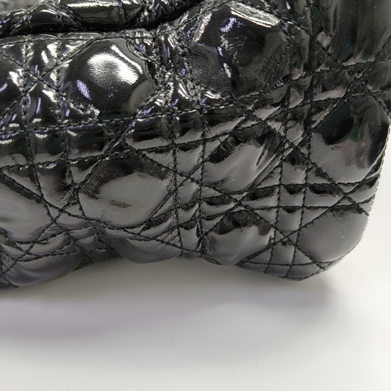 DIOR托特包黑色漆皮藤格紋絎縫單肩包手提包銀色五金-9