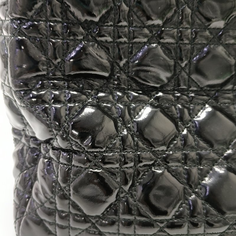 DIOR托特包黑色漆皮藤格紋絎縫單肩包手提包銀色五金-11