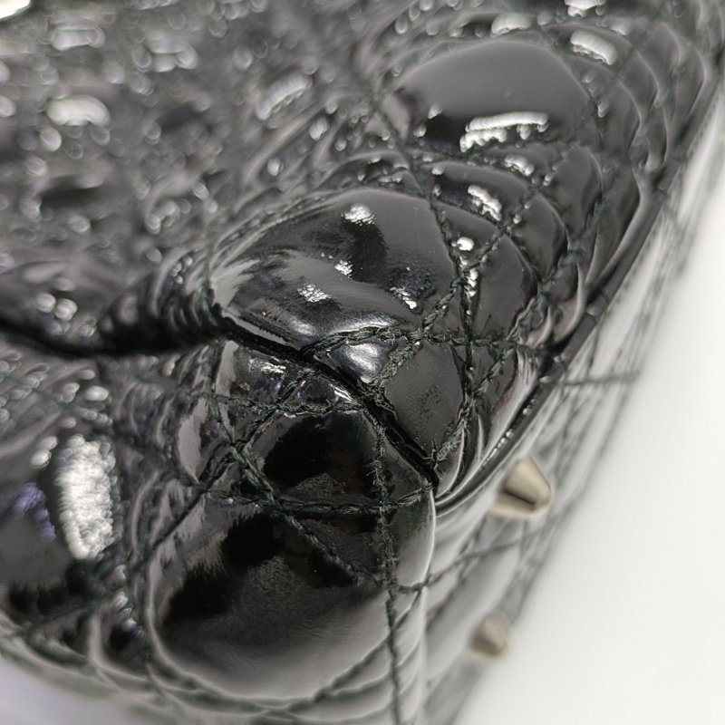 DIOR托特包黑色漆皮藤格紋絎縫單肩包手提包銀色五金-12