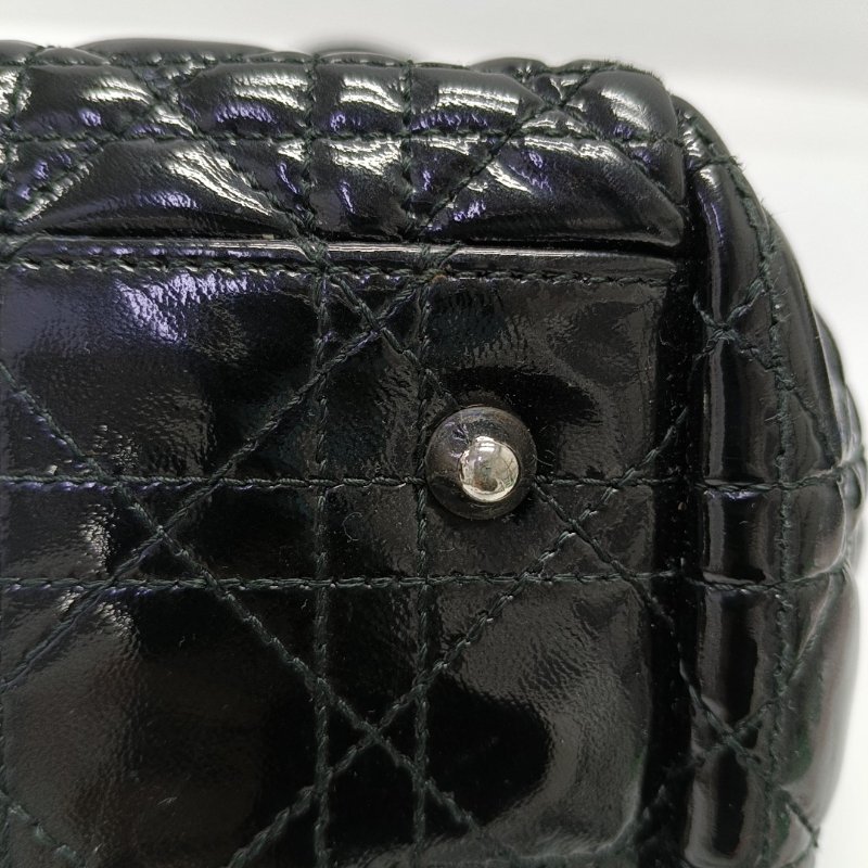 DIOR托特包黑色漆皮藤格紋絎縫單肩包手提包銀色五金-13