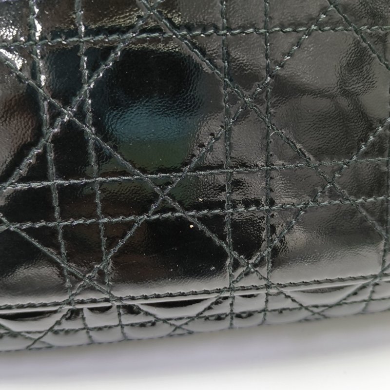 DIOR托特包黑色漆皮藤格紋絎縫單肩包手提包銀色五金-14