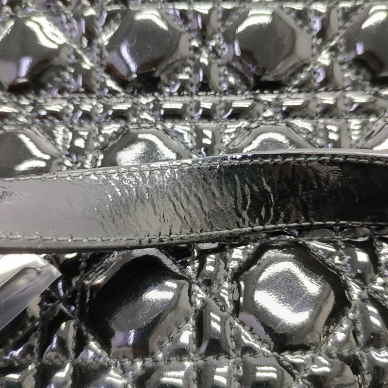 DIOR托特包黑色漆皮藤格紋絎縫單肩包手提包銀色五金-15