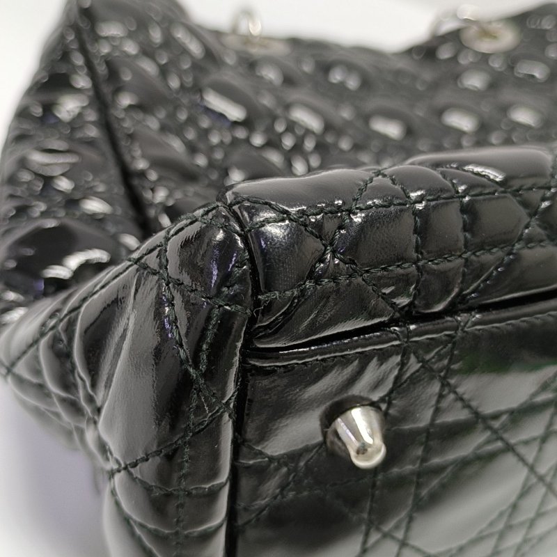 DIOR托特包黑色漆皮藤格紋絎縫單肩包手提包銀色五金-16