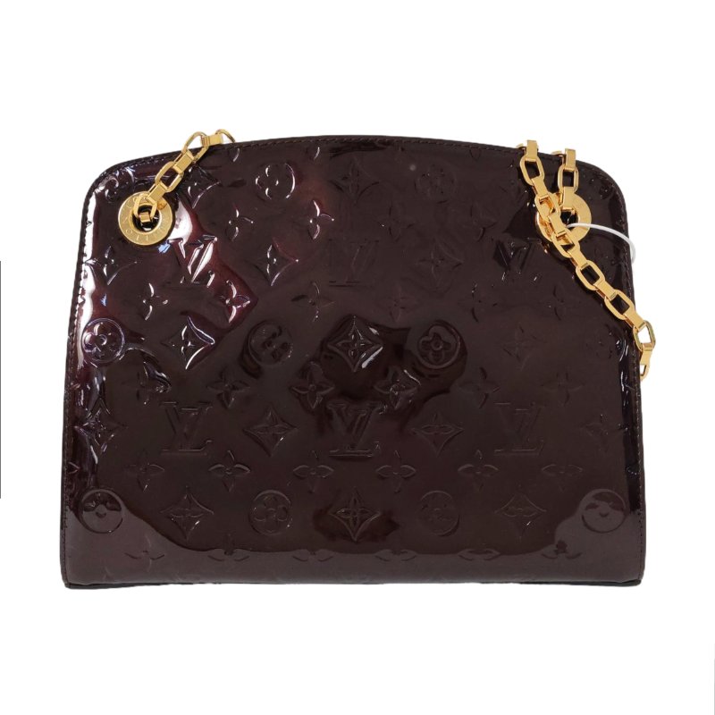 LOUIS VUITTON酒紅色漆皮老花壓紋單肩包金色五金-0