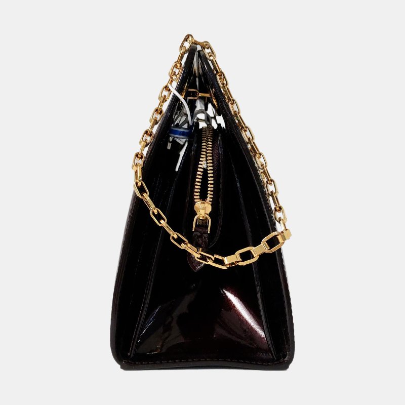 LOUIS VUITTON酒紅色漆皮老花壓紋單肩包金色五金-2