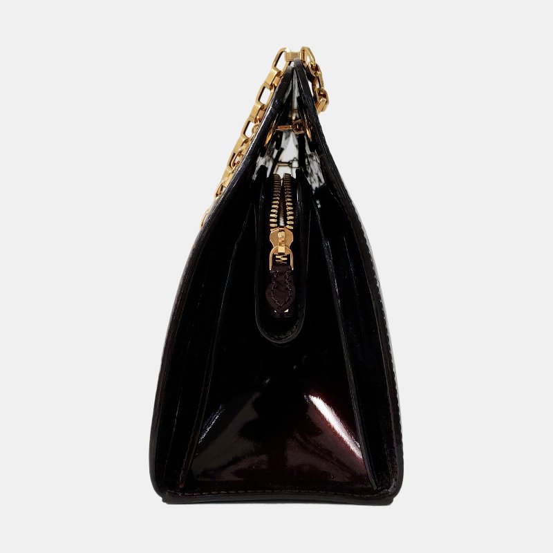 LOUIS VUITTON酒紅色漆皮老花壓紋單肩包金色五金-3