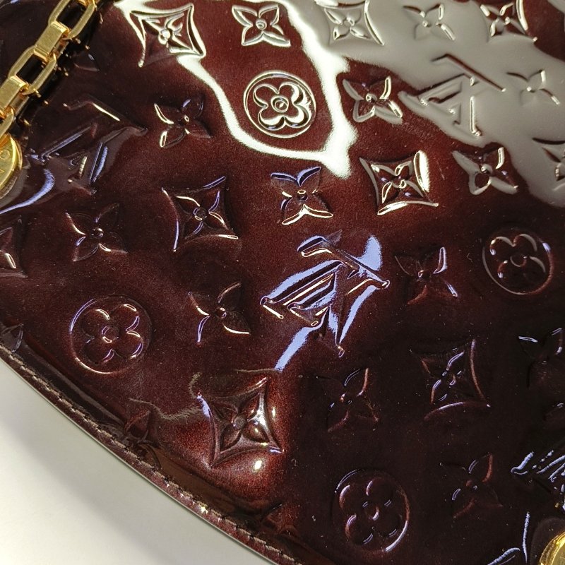 LOUIS VUITTON酒紅色漆皮老花壓紋單肩包金色五金-7