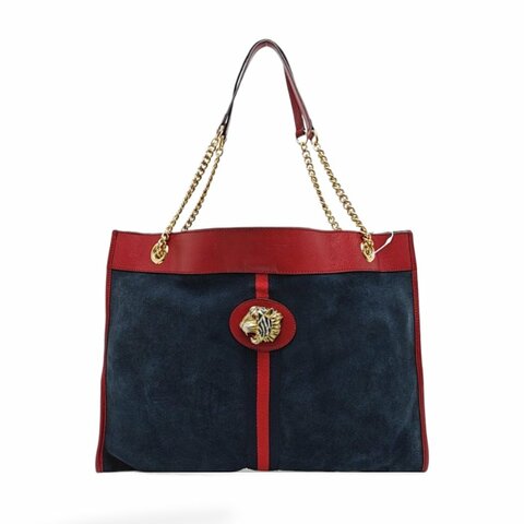 GUCCI Rajah大號深藍色絨面革條紋織帶虎頭單肩包手提包金色五金子袋2條可拆卸肩帶