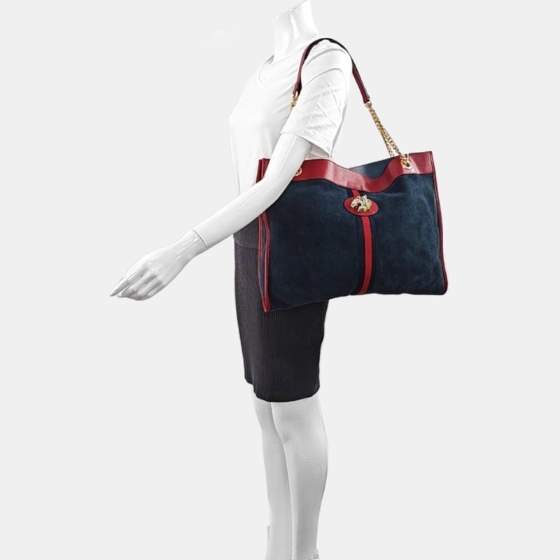 GUCCI Rajah大號深藍色絨面革條紋織帶虎頭單肩包手提包金色五金子袋2條可拆卸肩帶-1