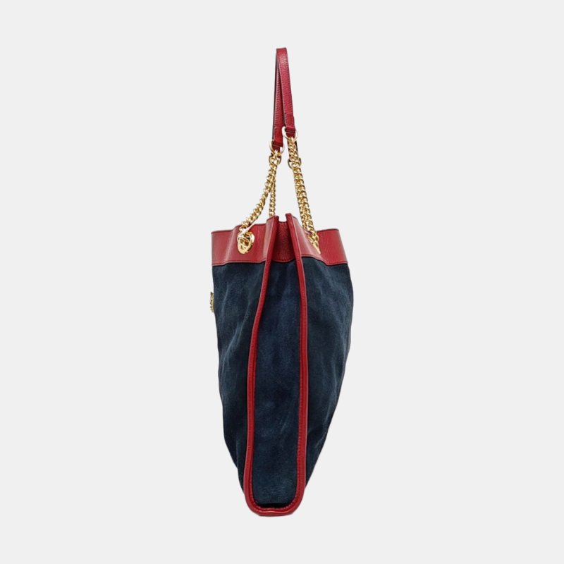 GUCCI Rajah大號深藍色絨面革條紋織帶虎頭單肩包手提包金色五金子袋2條可拆卸肩帶-2