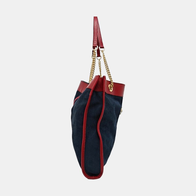 GUCCI Rajah大號深藍色絨面革條紋織帶虎頭單肩包手提包金色五金子袋2條可拆卸肩帶-3