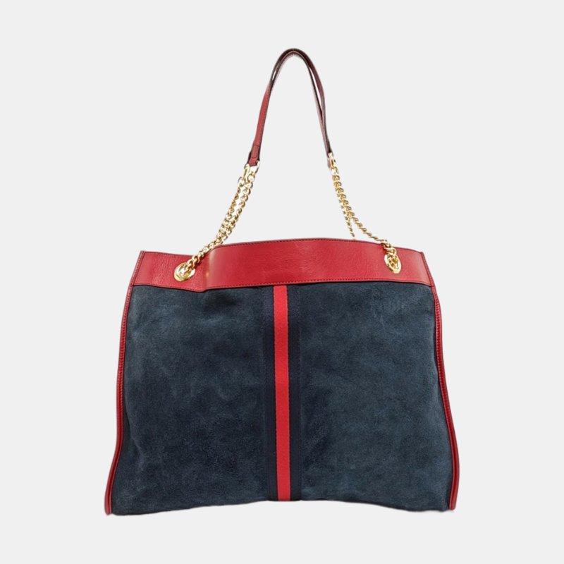 GUCCI Rajah大號深藍色絨面革條紋織帶虎頭單肩包手提包金色五金子袋2條可拆卸肩帶-4